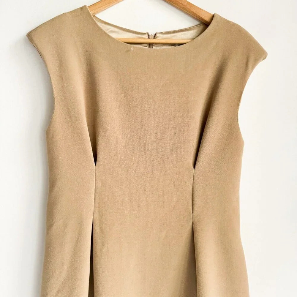 Queen of Hearts  Camel Beige Classic Sleeveless SHeath Midi Dress 3 - Picture 2 of 6